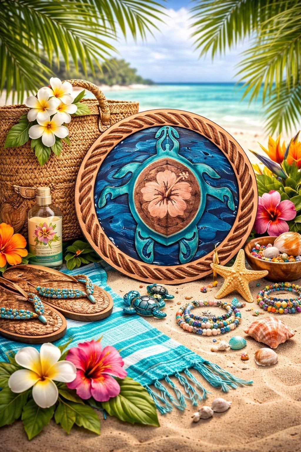 A tropical beach scene with a sea turtle art piece, flowers, straw bag, sandals, and shells on the sand.
