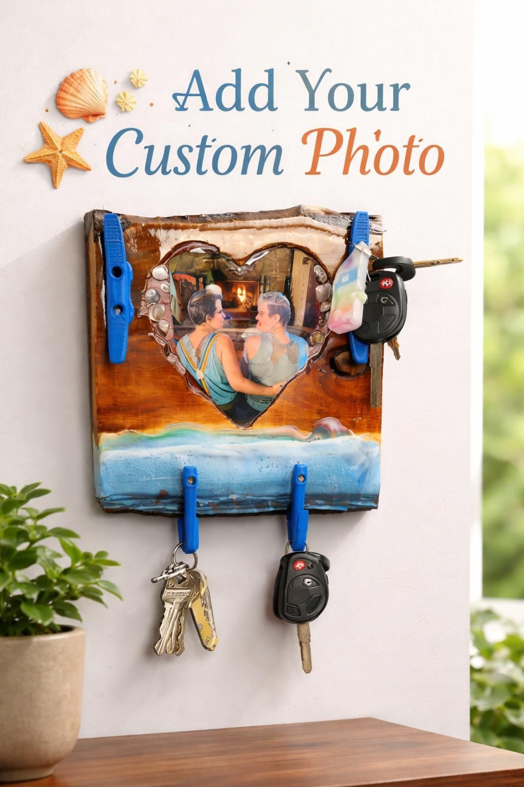 Custom handmade wood and epoxy key holder with personalized photo, functional wall decor
