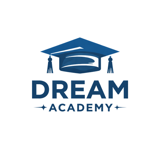A dark blue logo featuring a graduation cap above the text "DREAM ACADEMY" with decorative stars on the sides.
