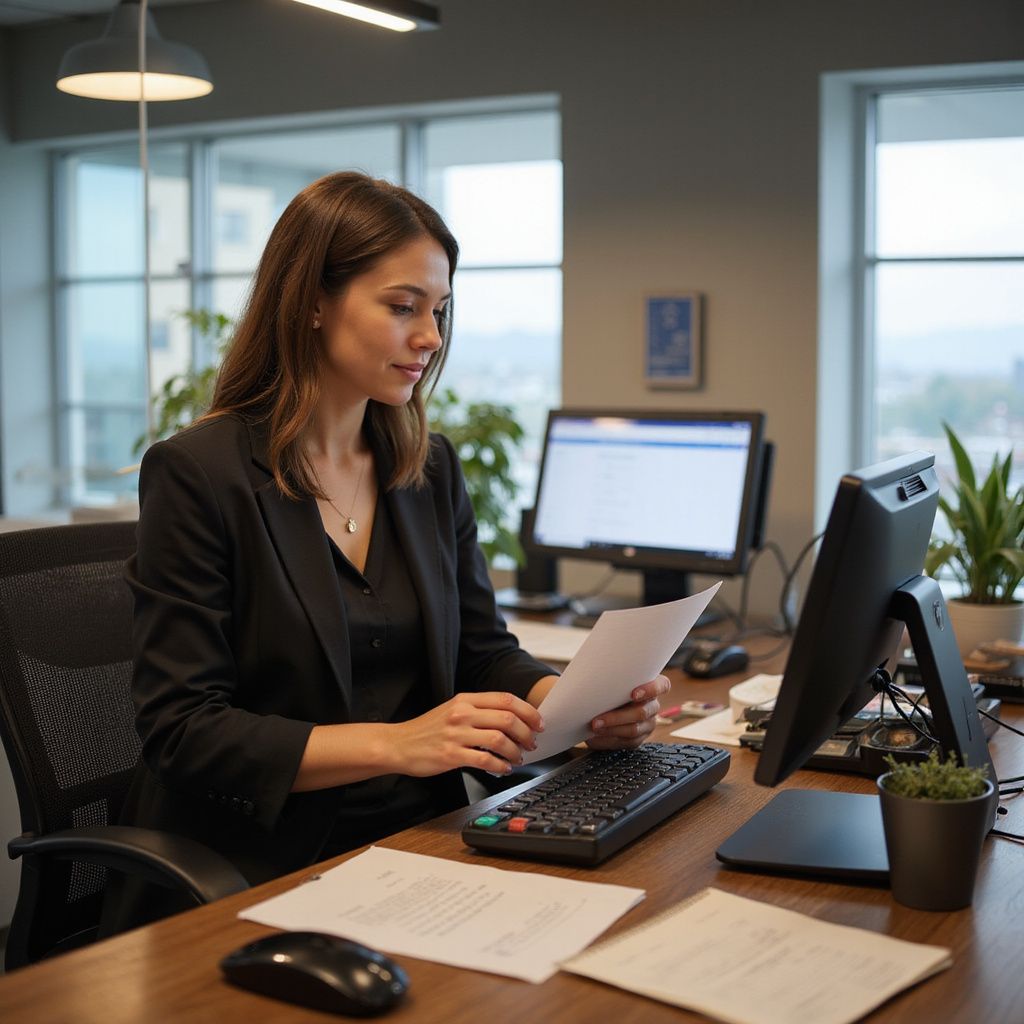Vrouw in zwart jasje bekijkt documenten aan bureau, computer en plant in de buurt.