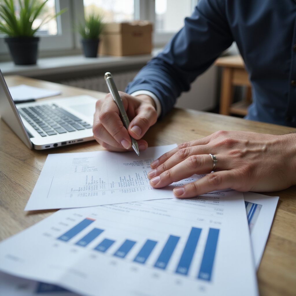 Persoon in blauw shirt schrijft op papier en bekijkt grafieken met staafdiagrammen. Laptop in de buurt op houten tafel.