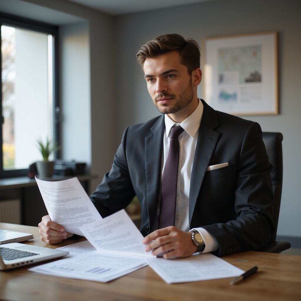 Man in pak bekijkt documenten aan een bureau, geconcentreerde uitdrukking, kantooromgeving.