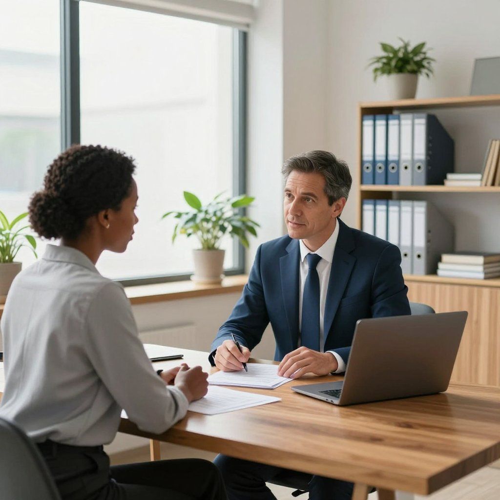 Een vrouw en een man zitten aan een bureau. De man in pak maakt aantekeningen en er staat een laptop open.