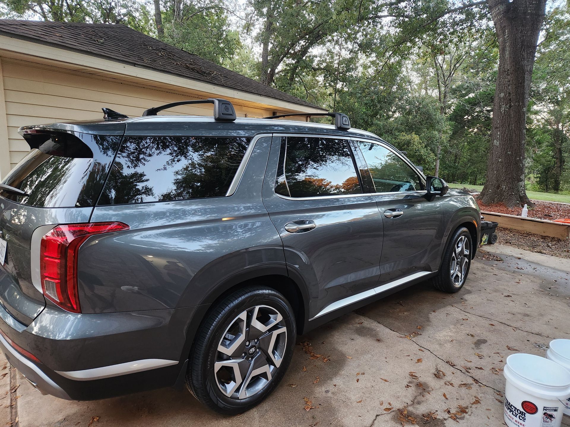 Gray Hyundai Palisade SUV parked outside, with roof rack, in a residential setting.