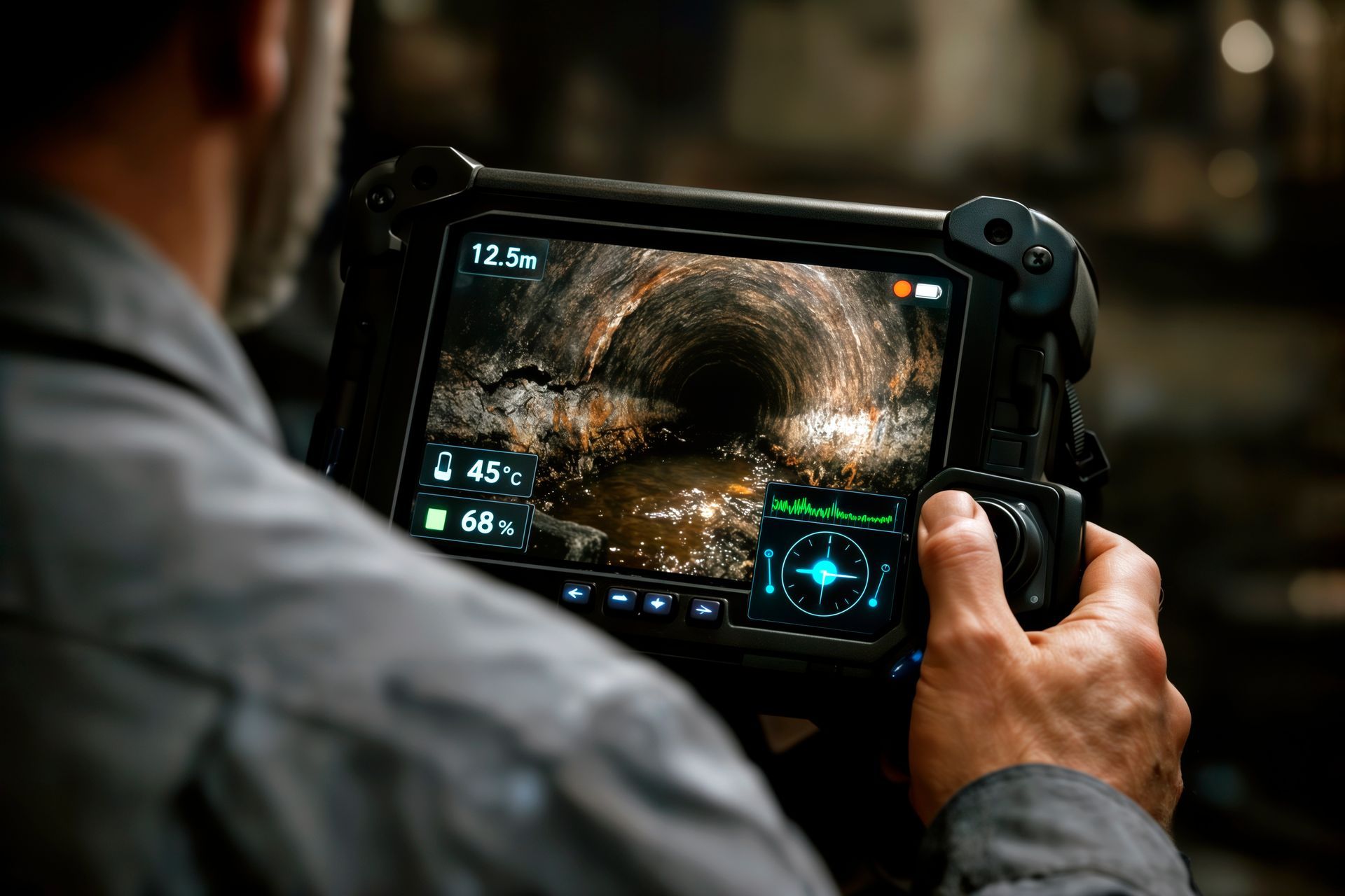 A gray storage bin stands on a gravel lot between two rows of portable toilets under a partly cloudy sky.