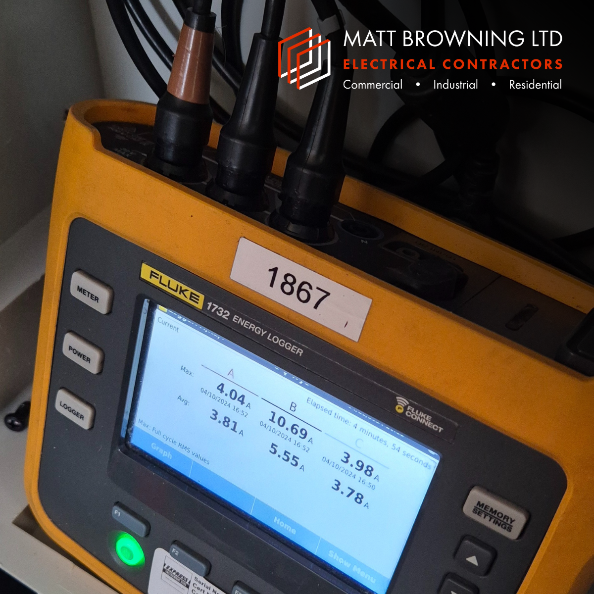 Fluke Data Logging Energy Monitor set up to carry out a load study by Matt Browning Electrical Contractors. Measuring electrical loads over a 4 week period to assess spare capacity on the existing electrical supply to a school building in Berkshire before adding new loads.