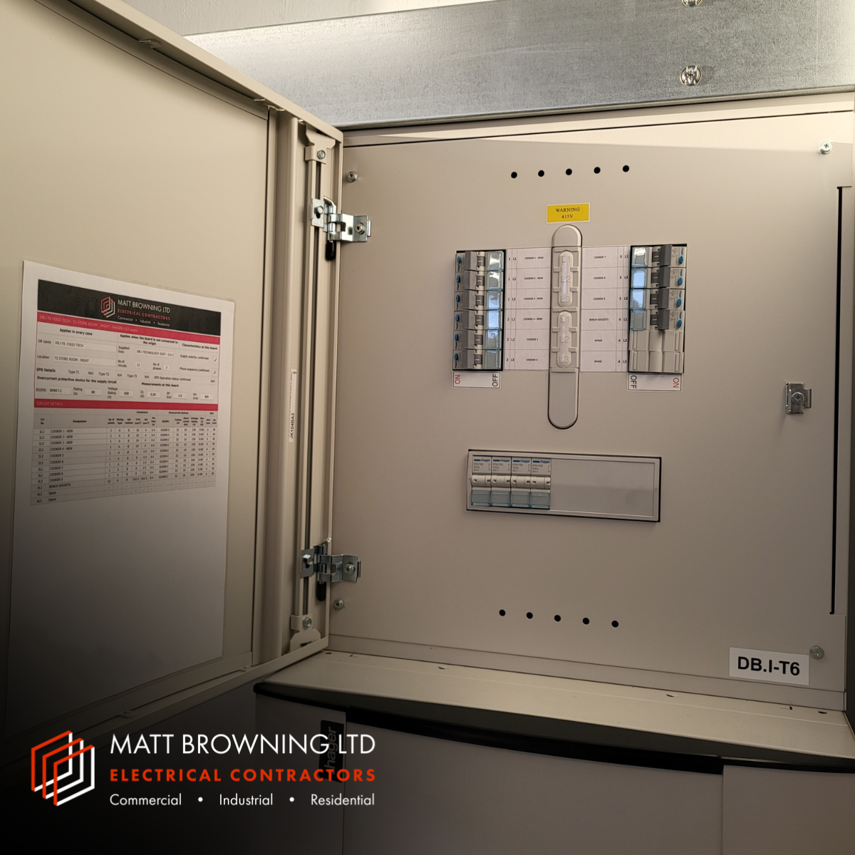 A Hager 125A three phase commercial electrical distribution board to feed final power circuits for new electrical equipment at a school. High quality electrical work with neat circuit labelling and circuit schedules on display as installed by Matt Browning Electrical, an NICEIC approved contractor based near Bracknell and Wokingham