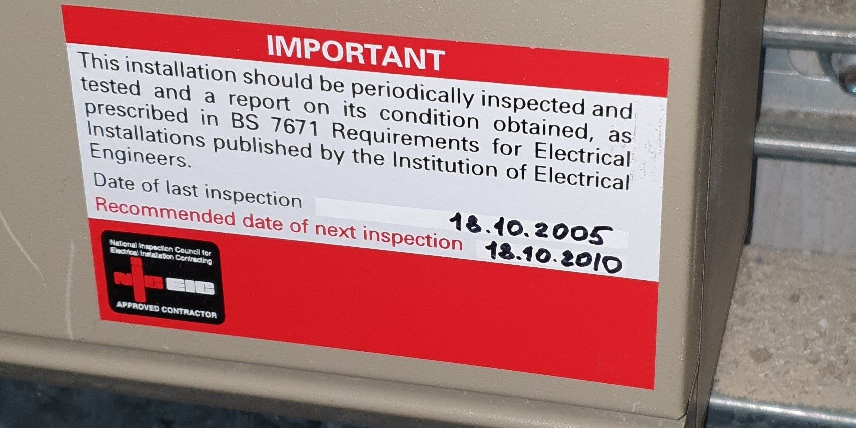 Commercial Electrical Inspection and Testing Next Inspection Label on Distribution Board for EICR