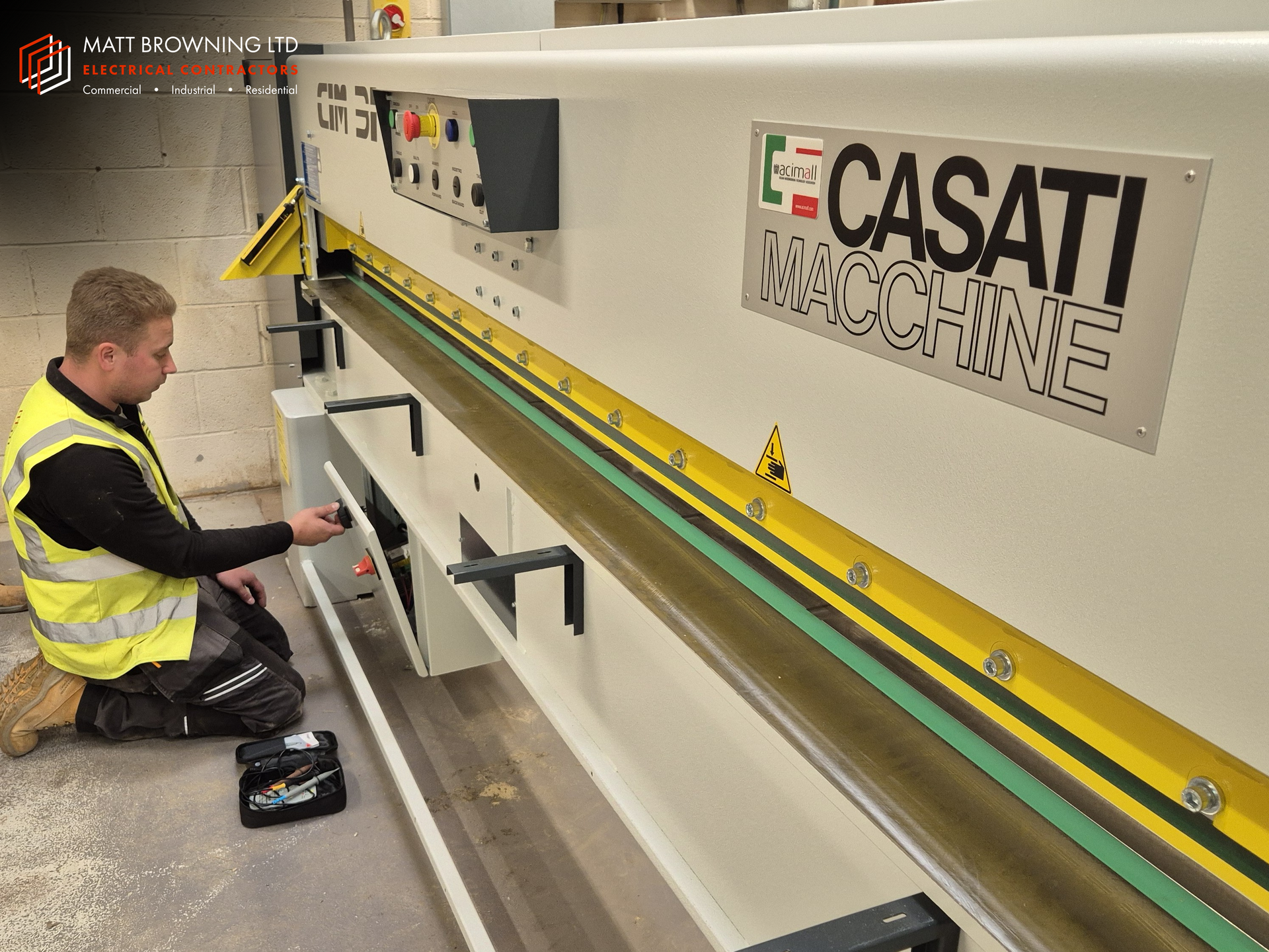 3-phase electrical machine connections completed by the commercial industrial electricians at Berkshire based NICEIC Approved Contractors Matt Browning Electrical for a Casati Guillotine supplied by Scott + Sergeant in a woodworking joinery factory.