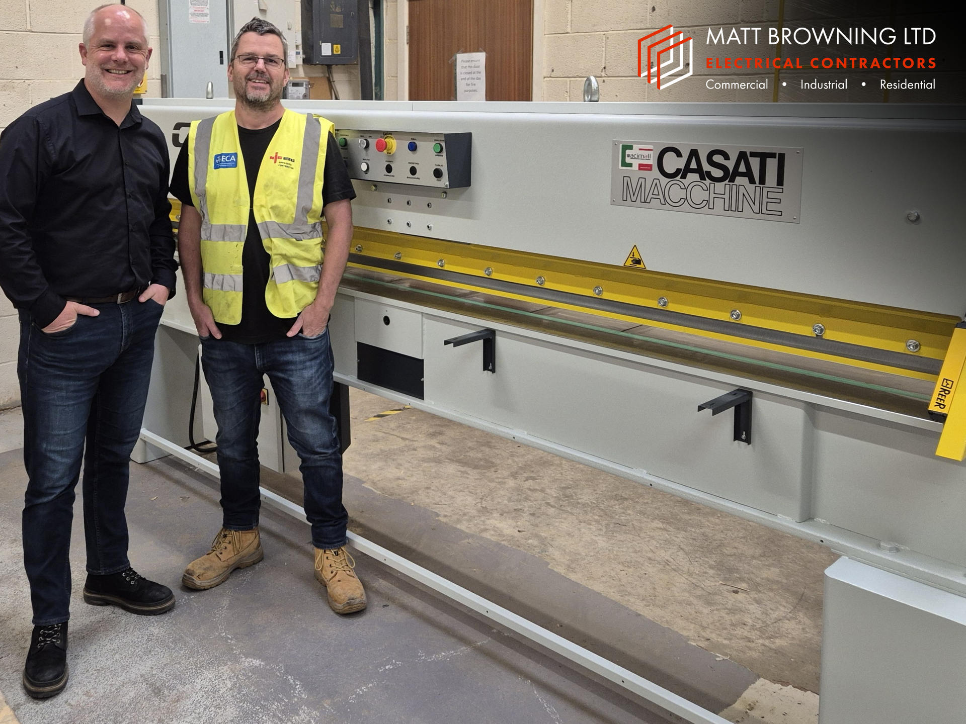 Another happy customer as Matt Browning meets Simon Baldwin from Contrax Furniture Ltd to hand over a recently connected Casati guillotine supplied by Scott + Sergeant in the joinery workshop at their Oxfordshire manufacturing facility. 3-phase electrical machine connections completed and certified by our NICEIC Approved Contractor electricians at Matt Browning Electrical