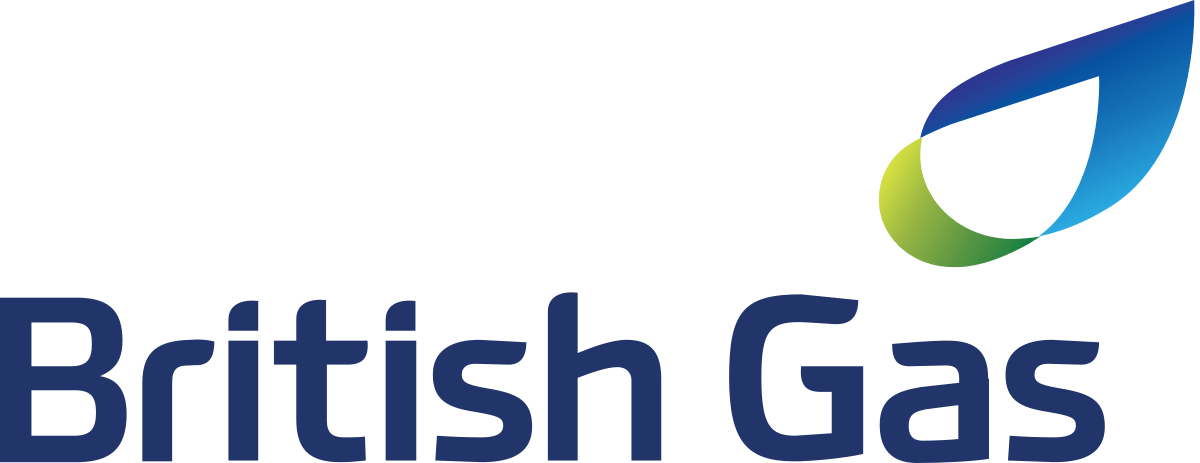 British Gas logo: navy blue text with a stylized flame in green and blue.