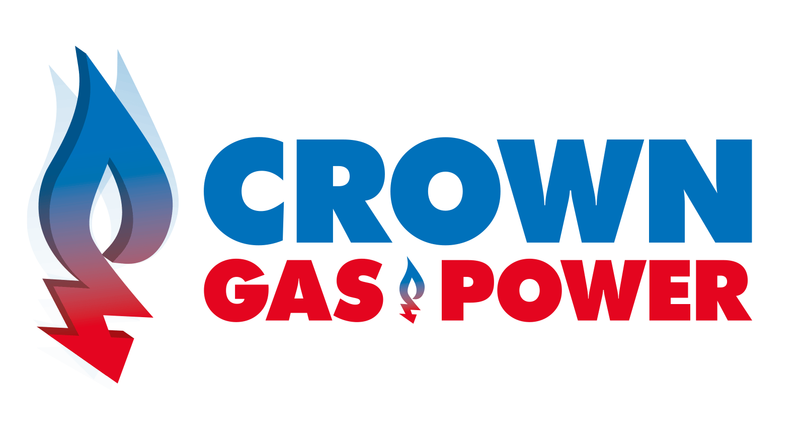 Logo for Crown Gas & Power: Blue and red flame icon with lightning bolt, and company name in blue and red text.