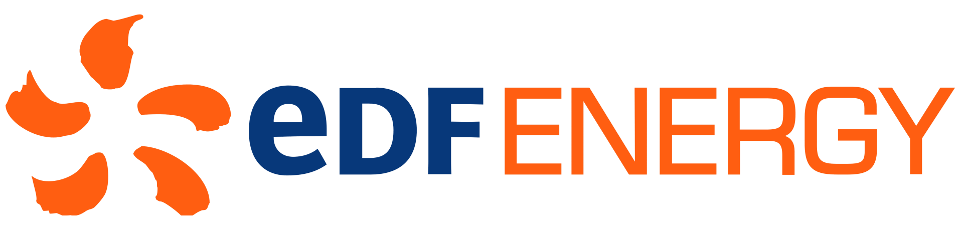 EDF Energy logo: Orange flower-like symbol and navy and orange text.