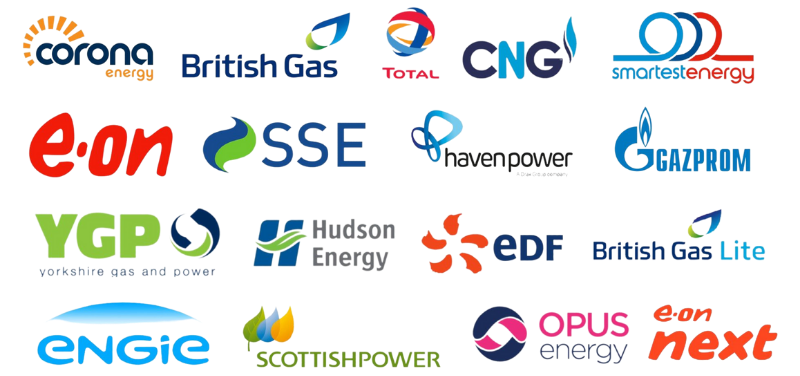 Logos of various energy companies, including Corona Energy, British Gas, E.ON, EDF, and ScottishPower.