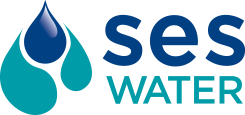 Logo for SES Water, featuring a water droplet icon in shades of blue and teal, and the words 