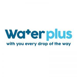 Logo for Waterplus, a company with a dark blue and light blue text reading “Waterplus”. 