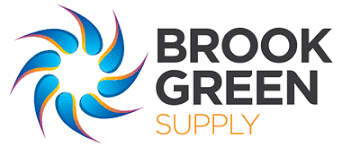 Logo for Brook Green Supply featuring a blue and yellow stylized floral design