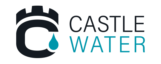 Logo for Castle Water: a black castle silhouette combined with the letter 
