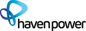 Logo for Haven Power with a blue and white abstract shape above the black text.