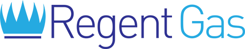 Logo for Regent Gas, a company.  It features a blue crown above the words 