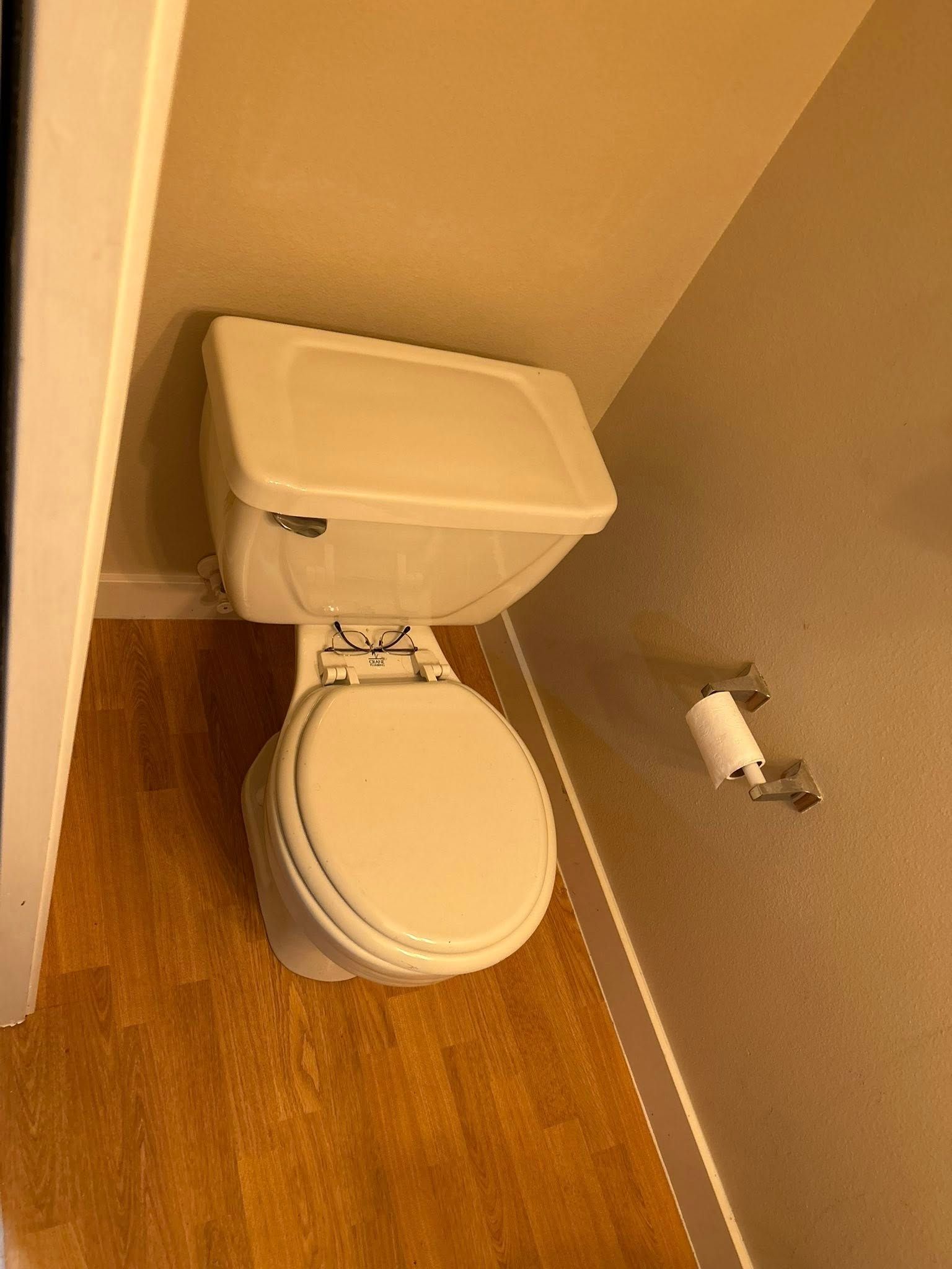 Toilet in a bathroom with a roll of toilet paper mounted on the wall. Beige and wood tones.