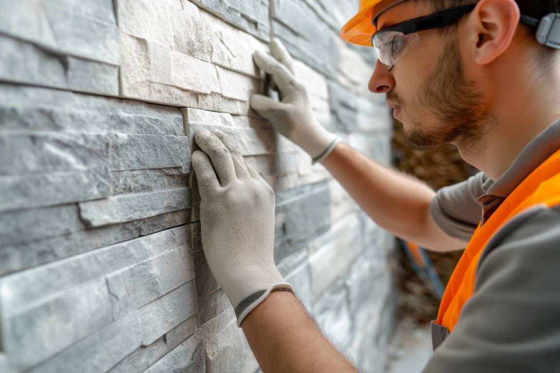 Worker in orange vest and gloves installing gray stone veneer on a wall
