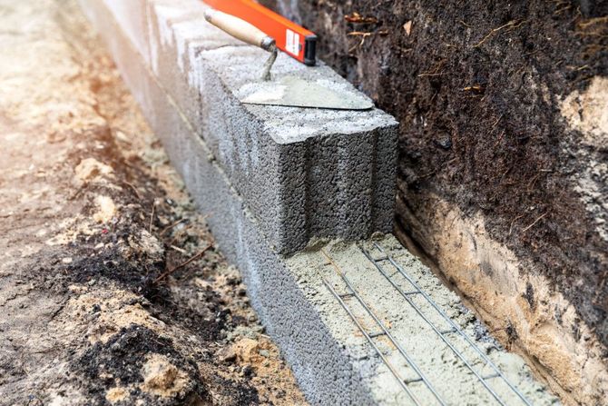 Construction trench with stacked cinder blocks and a mortar foundation along an excavated wall