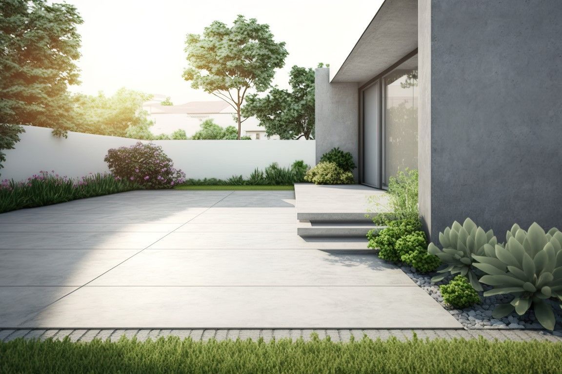 Modern minimalist patio with light stone paving, steps, and green shrubs beside a house at sunset