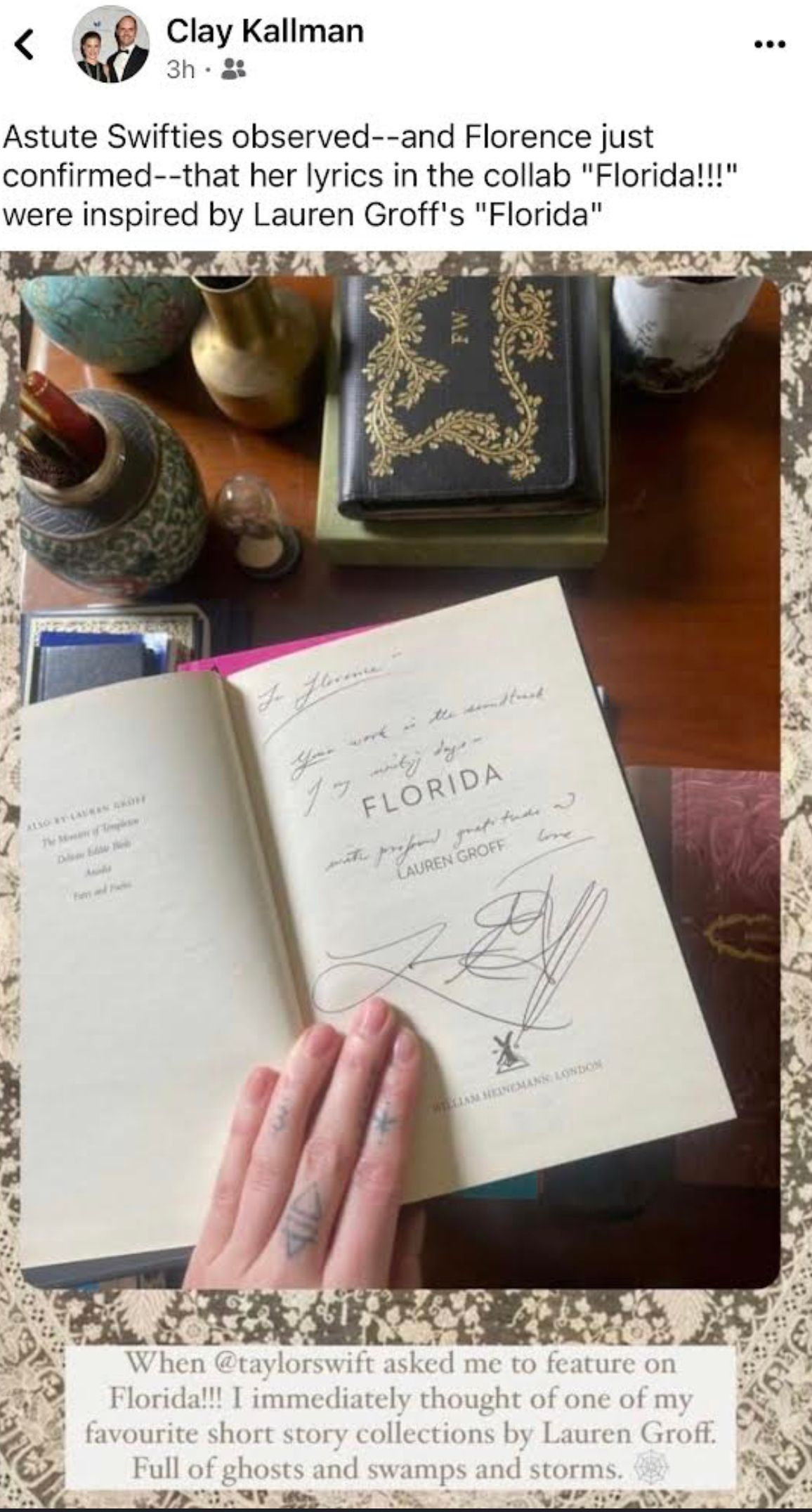 Instagram post by Florence from Florence and the Machine regarding being inspired by Lauren Groff's book, Florida, for the lyrics to Florida!!!.
