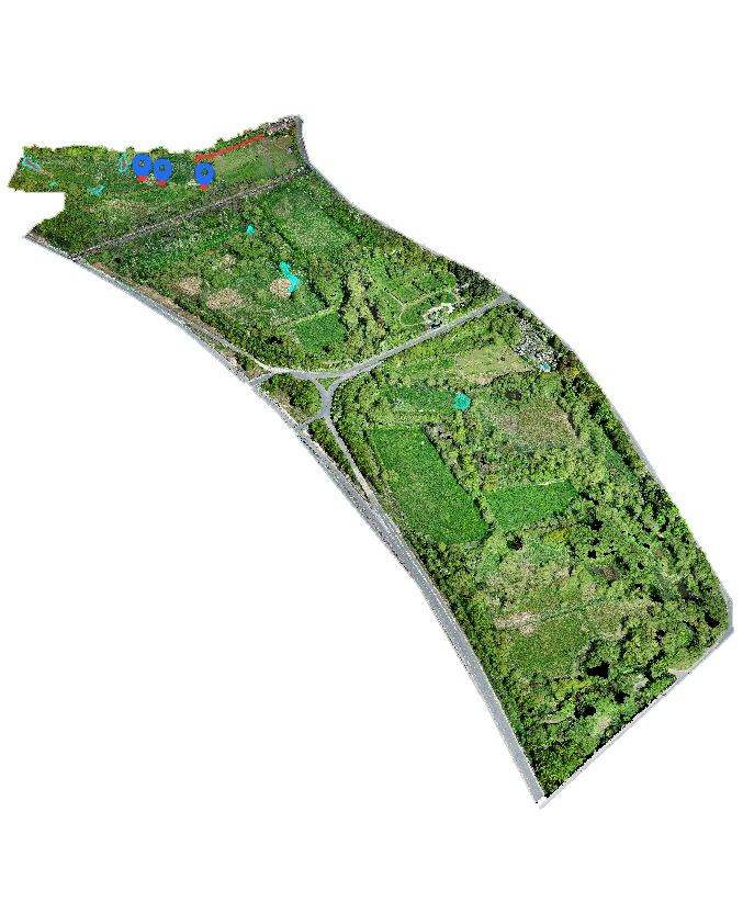 An aerial view of a green, wooded lot with a few buildings at the top and pathways throughout.