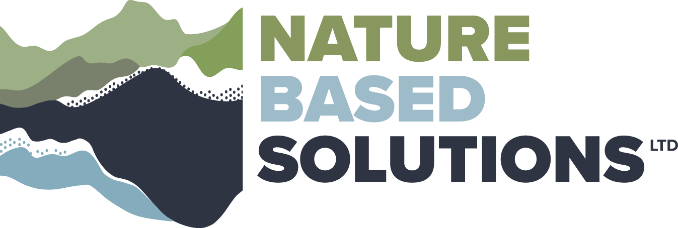 Logo for Nature Based Solutions Ltd featuring stylized, layered mountain waves in green, grey, and blue beside bold text.