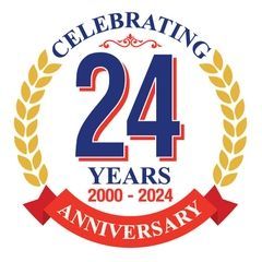 A 24th anniversary logo with a laurel wreath and a red ribbon.