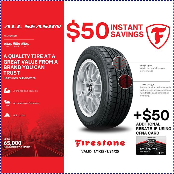 A coupon for a tire that says $ 50 instant savings