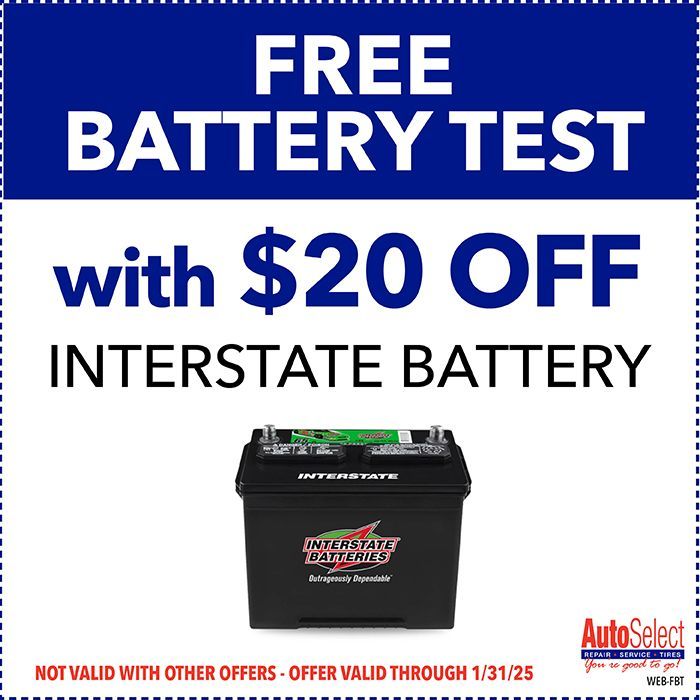 A coupon for a free battery test with $20 off interstate battery