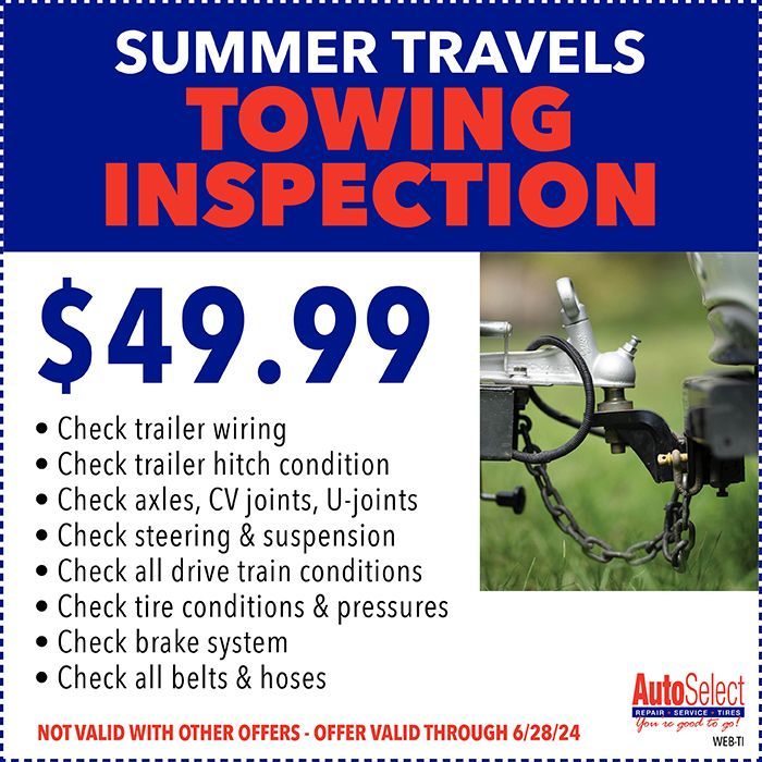 A coupon for summer travels towing inspection for $ 49.99