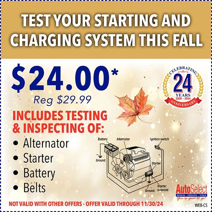 A coupon that says test your starting and charging system this fall