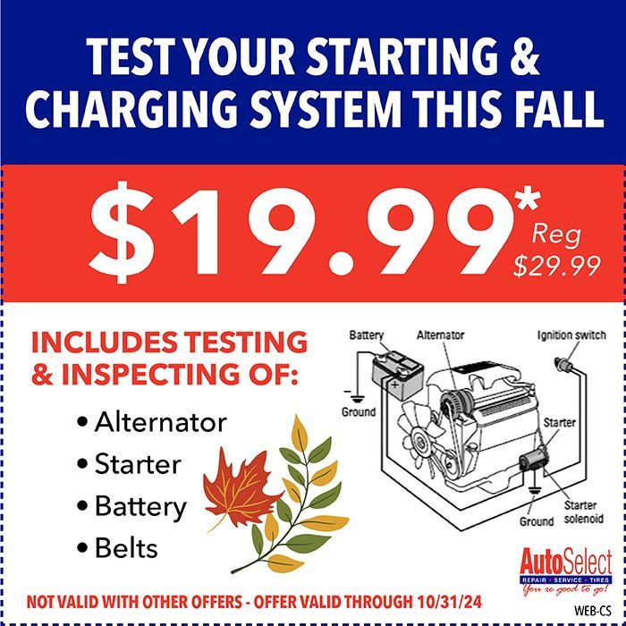 A coupon that says test your starting and charging system this fall