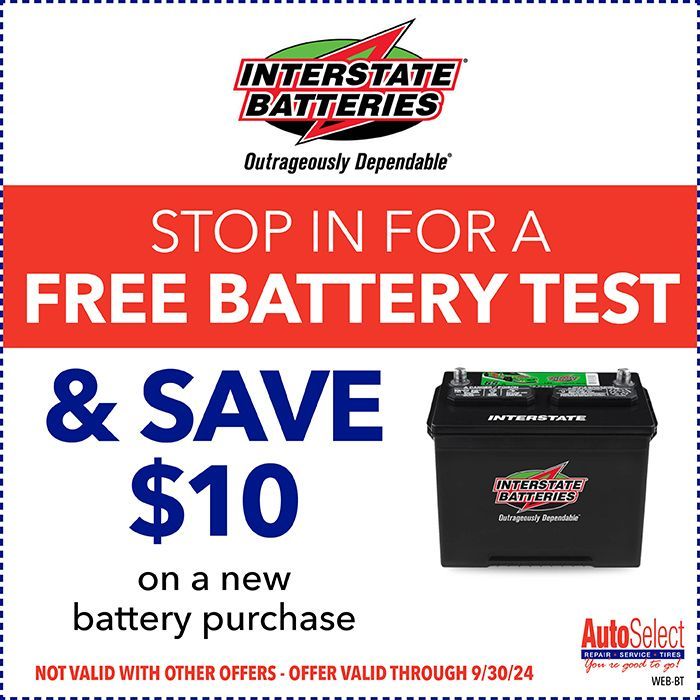 A coupon for interstate batteries that says stop in for a free battery test and save $10 on a new battery purchase