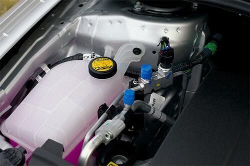 A close up of the engine of a car with a purple tank.