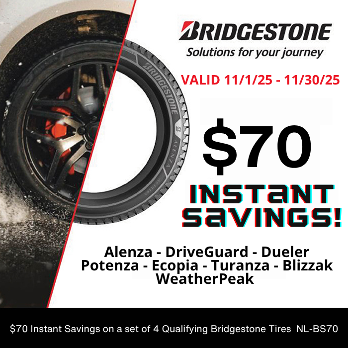 Bridgestone ad: Get $100 off with purchase of 4 all-terrain tires. Features a Land Rover. Offer valid 06.02.25-09.30.25.