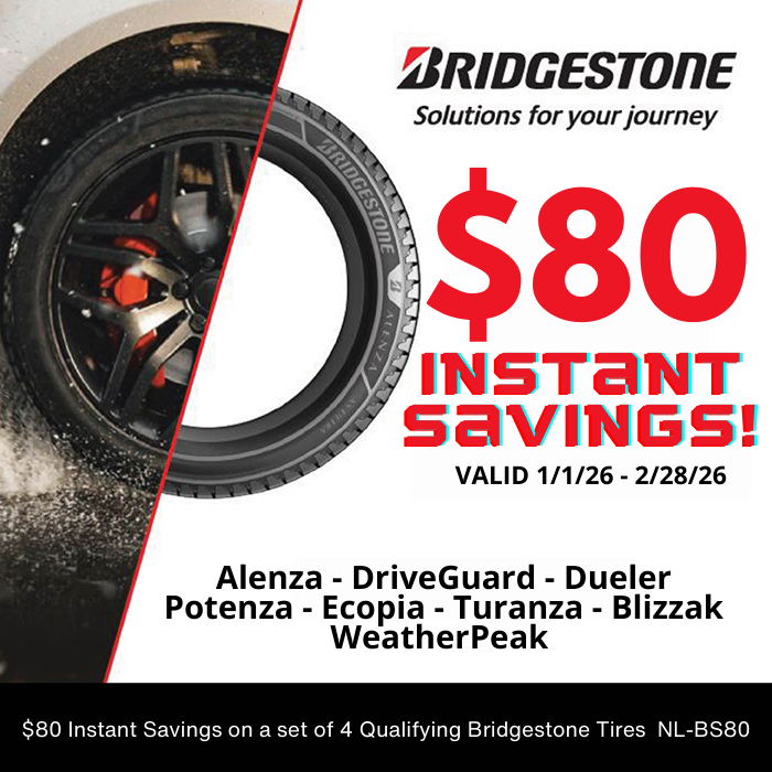 Bridgestone ad: Get $100 off with purchase of 4 all-terrain tires. Features a Land Rover. Offer valid 06.02.25-09.30.25.