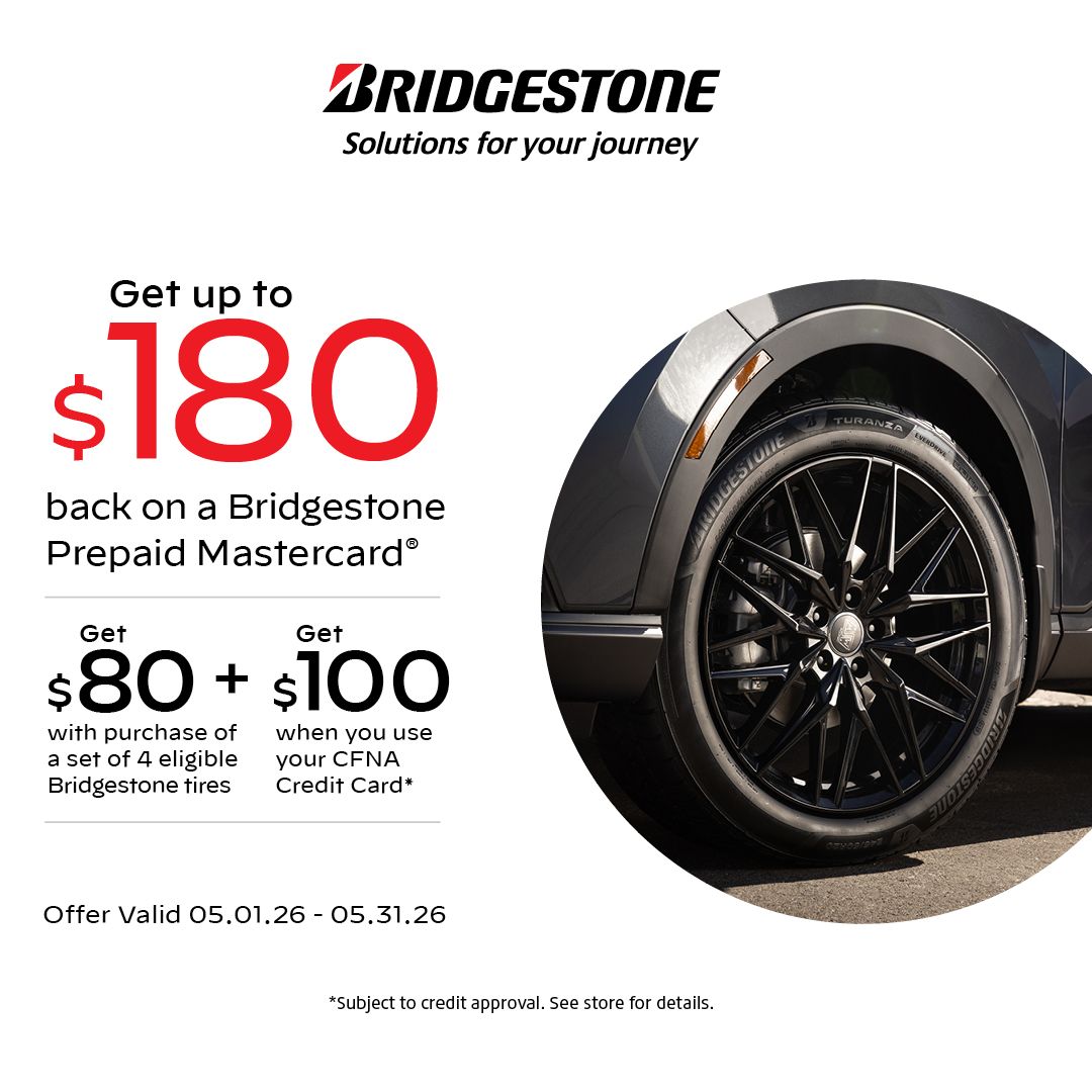 Bridgestone ad: Get $100 off with purchase of 4 all-terrain tires. Features a Land Rover. Offer valid 06.02.25-09.30.25.