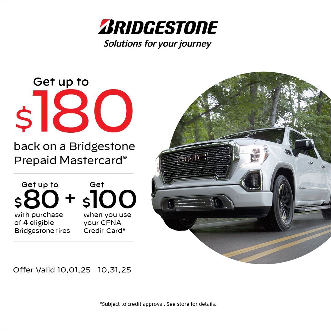 Bridgestone ad: Get $100 off with purchase of 4 all-terrain tires. Features a Land Rover. Offer valid 06.02.25-09.30.25.