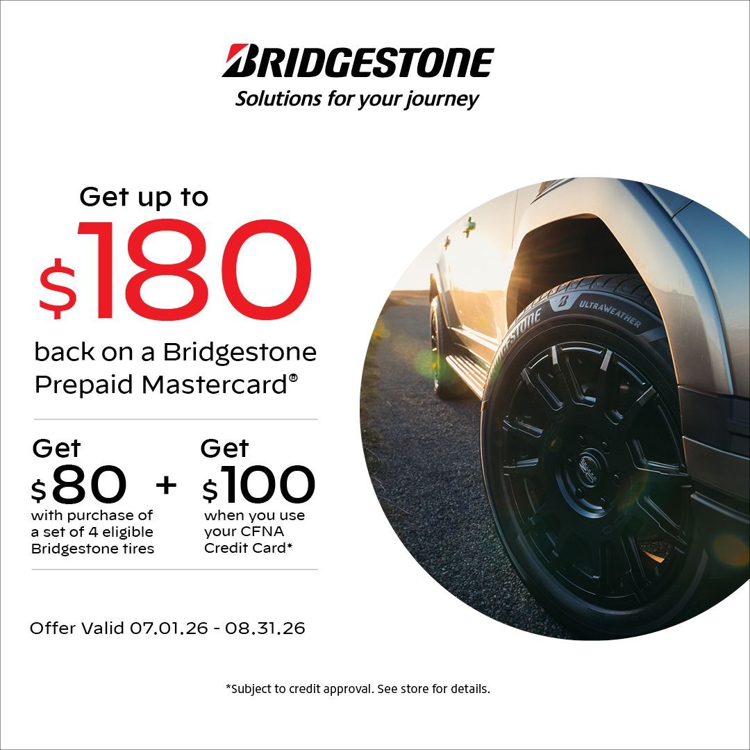 Bridgestone ad: Get $100 off with purchase of 4 all-terrain tires. Features a Land Rover. Offer valid 06.02.25-09.30.25.