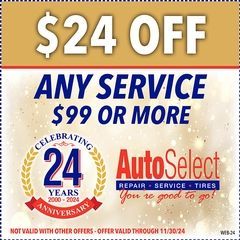 A coupon for autoselect that says `` $ 24 off any service $ 99 or more ''.