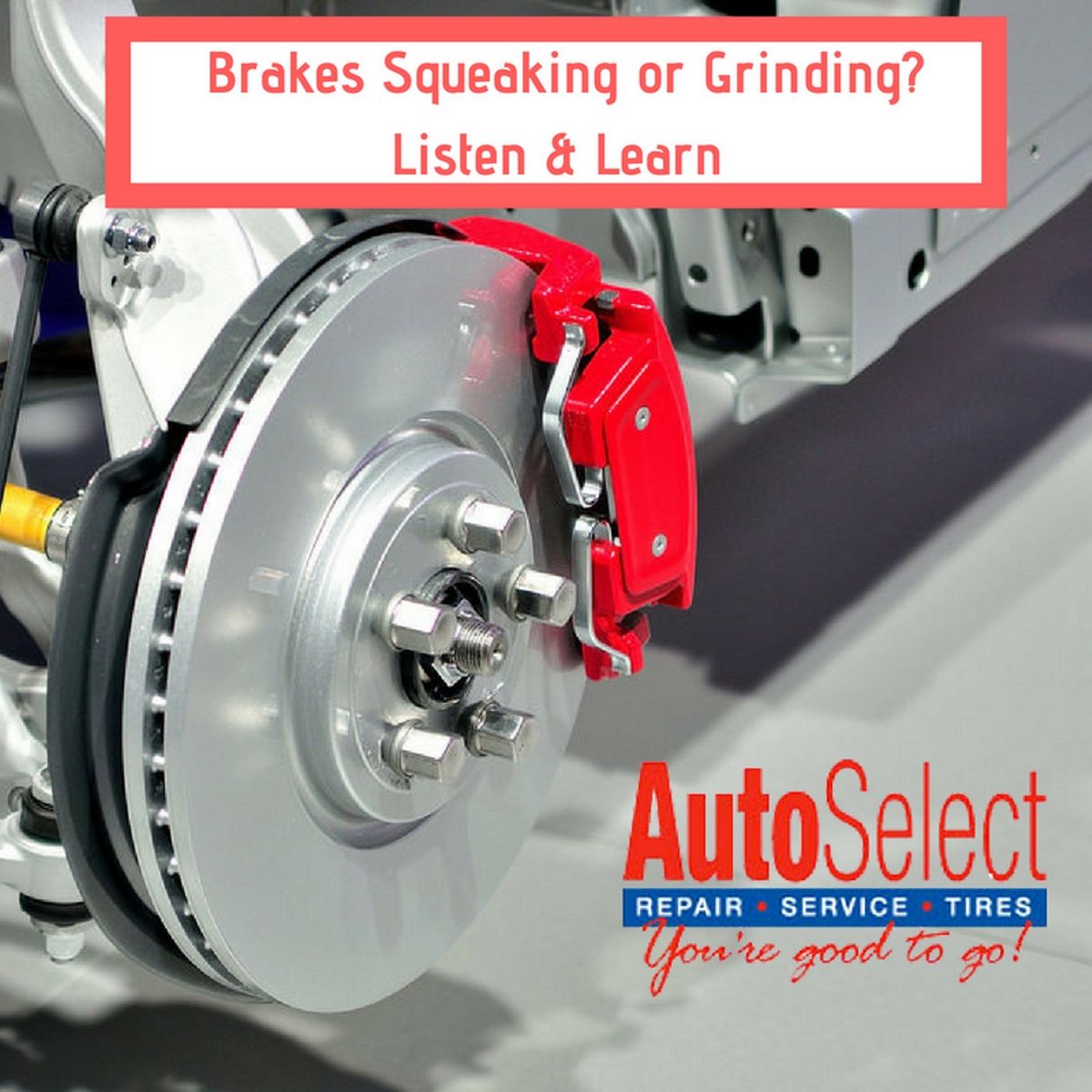 A close up of a brake with the words brakes squeaking or grinding on it