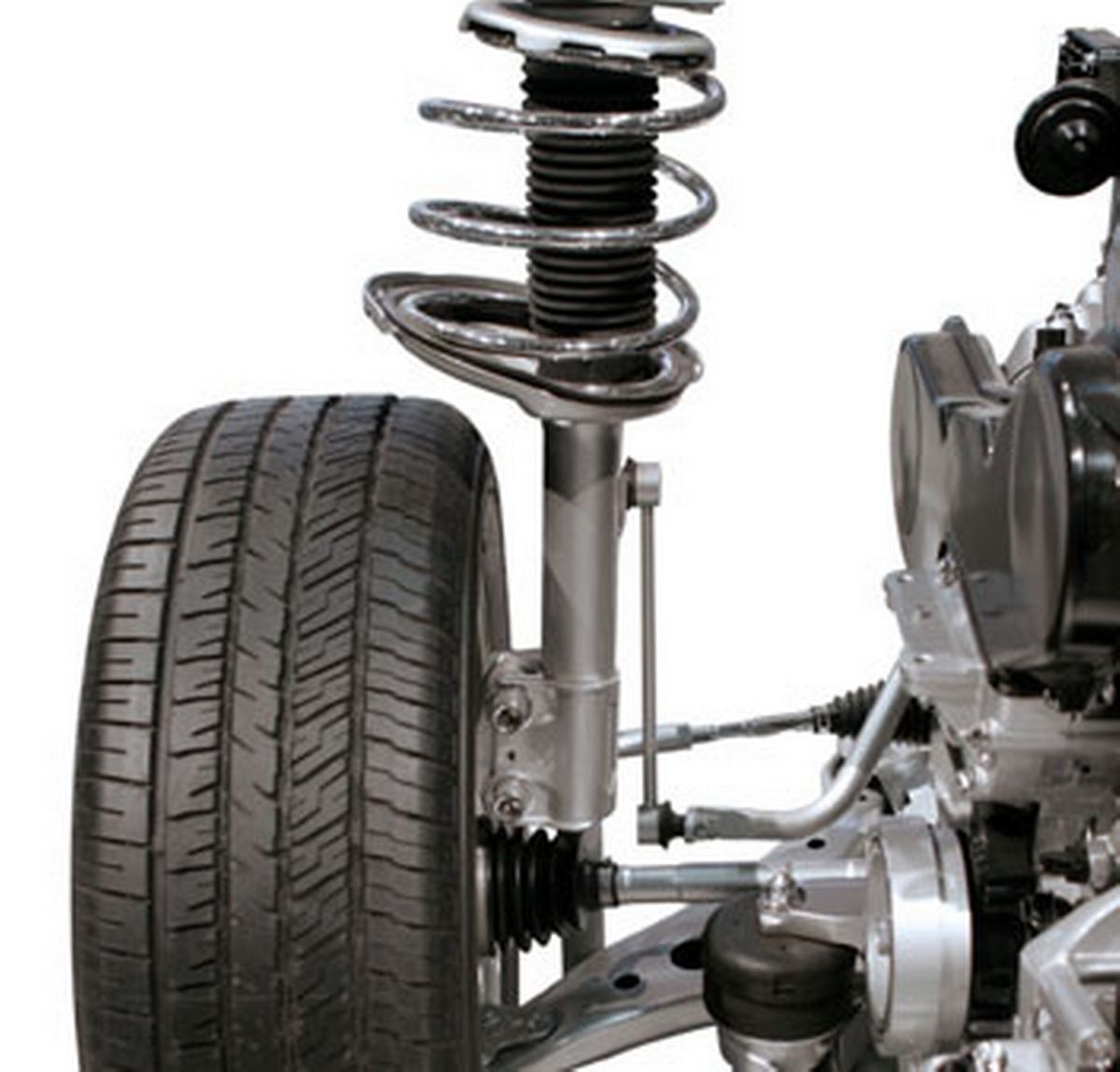 A close up of a car suspension with a tire