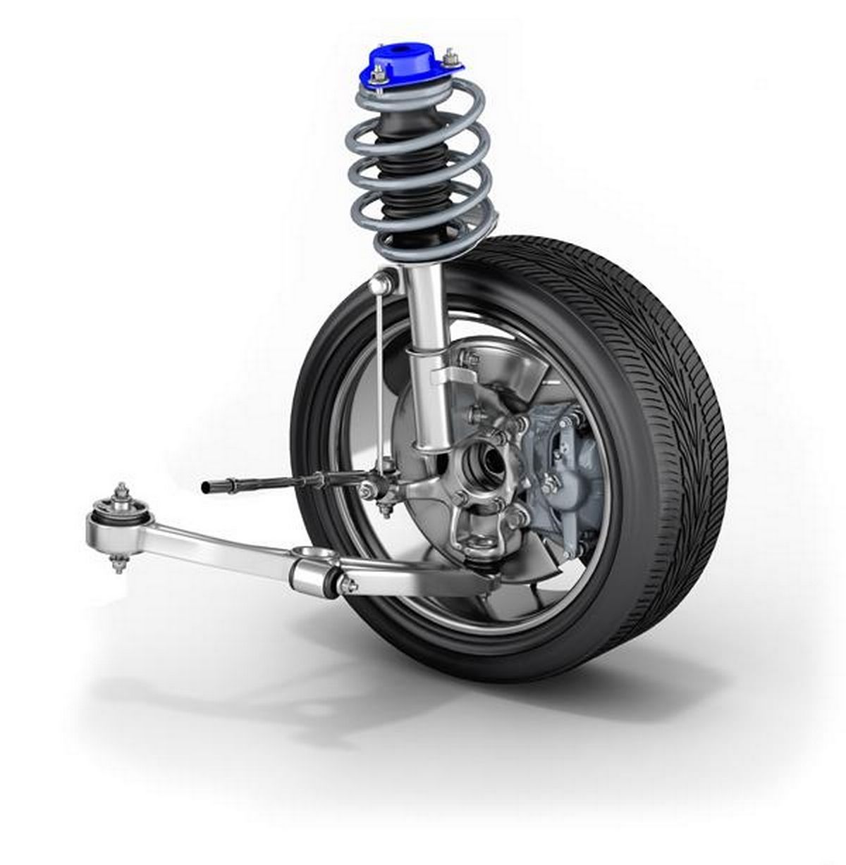 A car suspension system with a shock absorber and a tire on a white background.