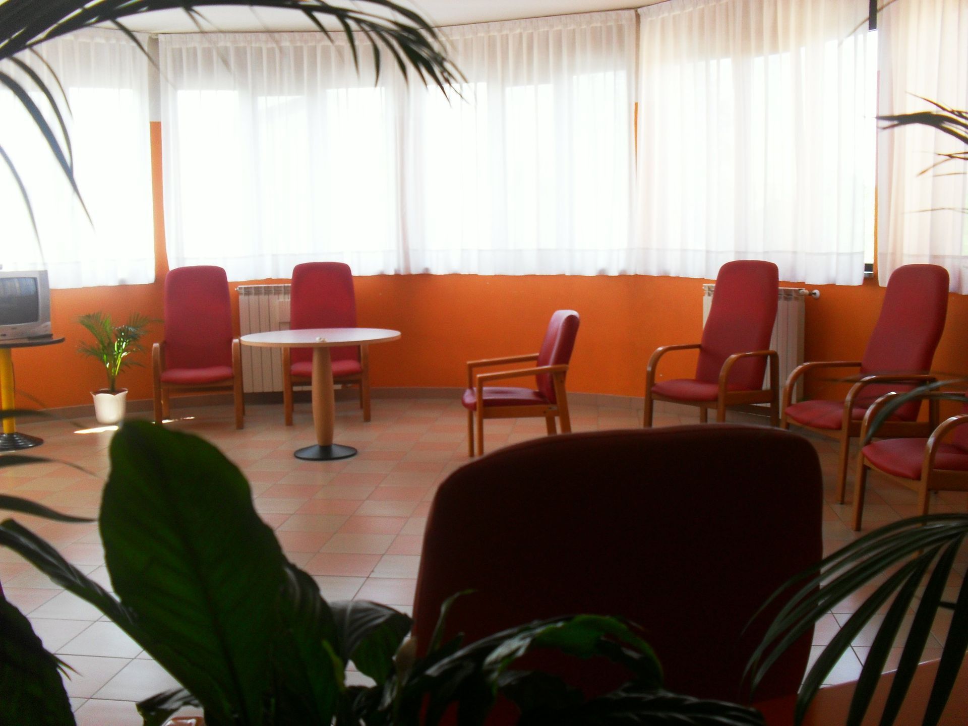 Una sala d'attesa con sedie rosse, un tavolino e pareti arancioni. Ampie finestre con tende bianche e piante.