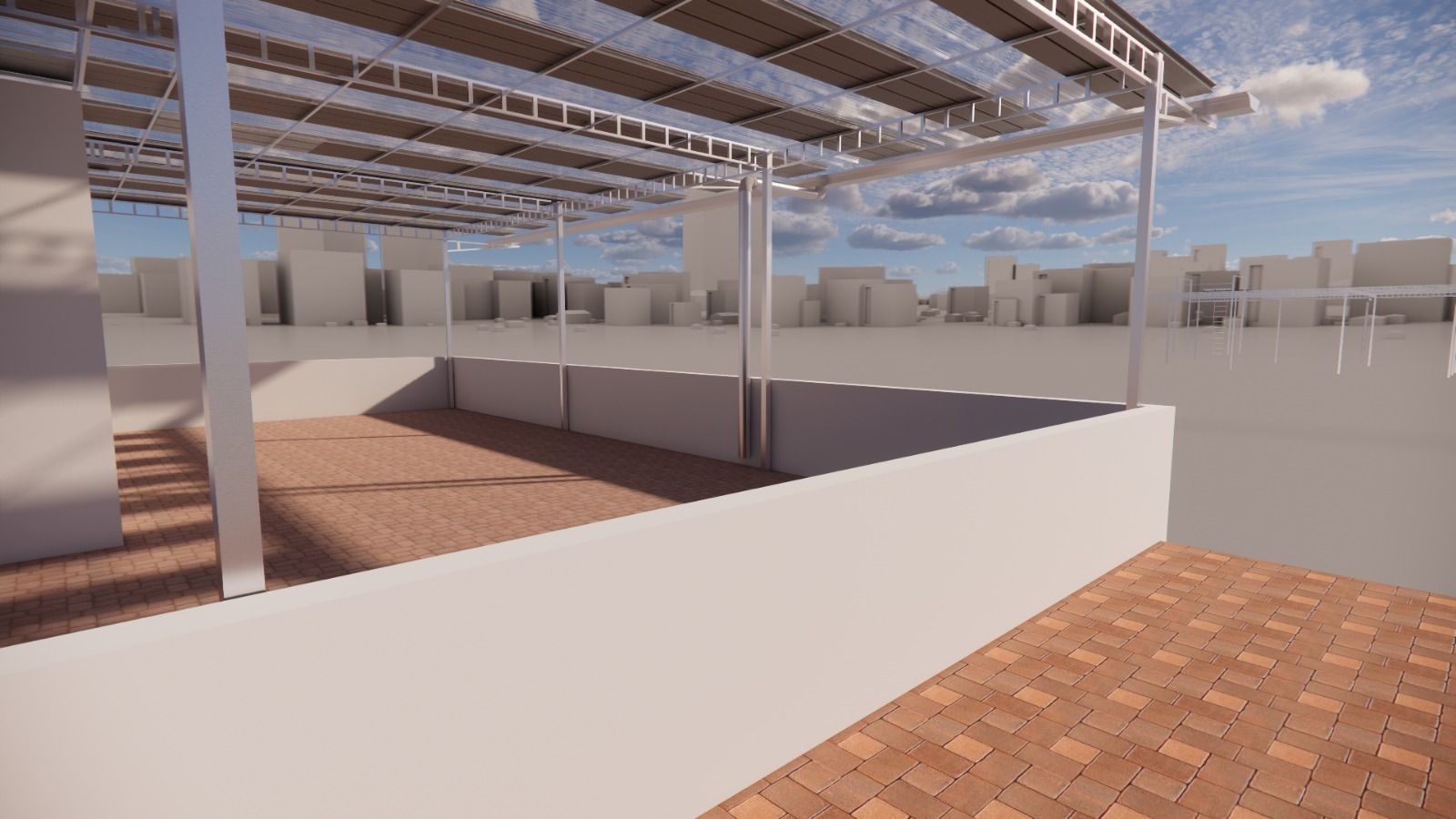 Espacio exterior de paredes blancas y suelo de ladrillo, abierto al horizonte de la ciudad